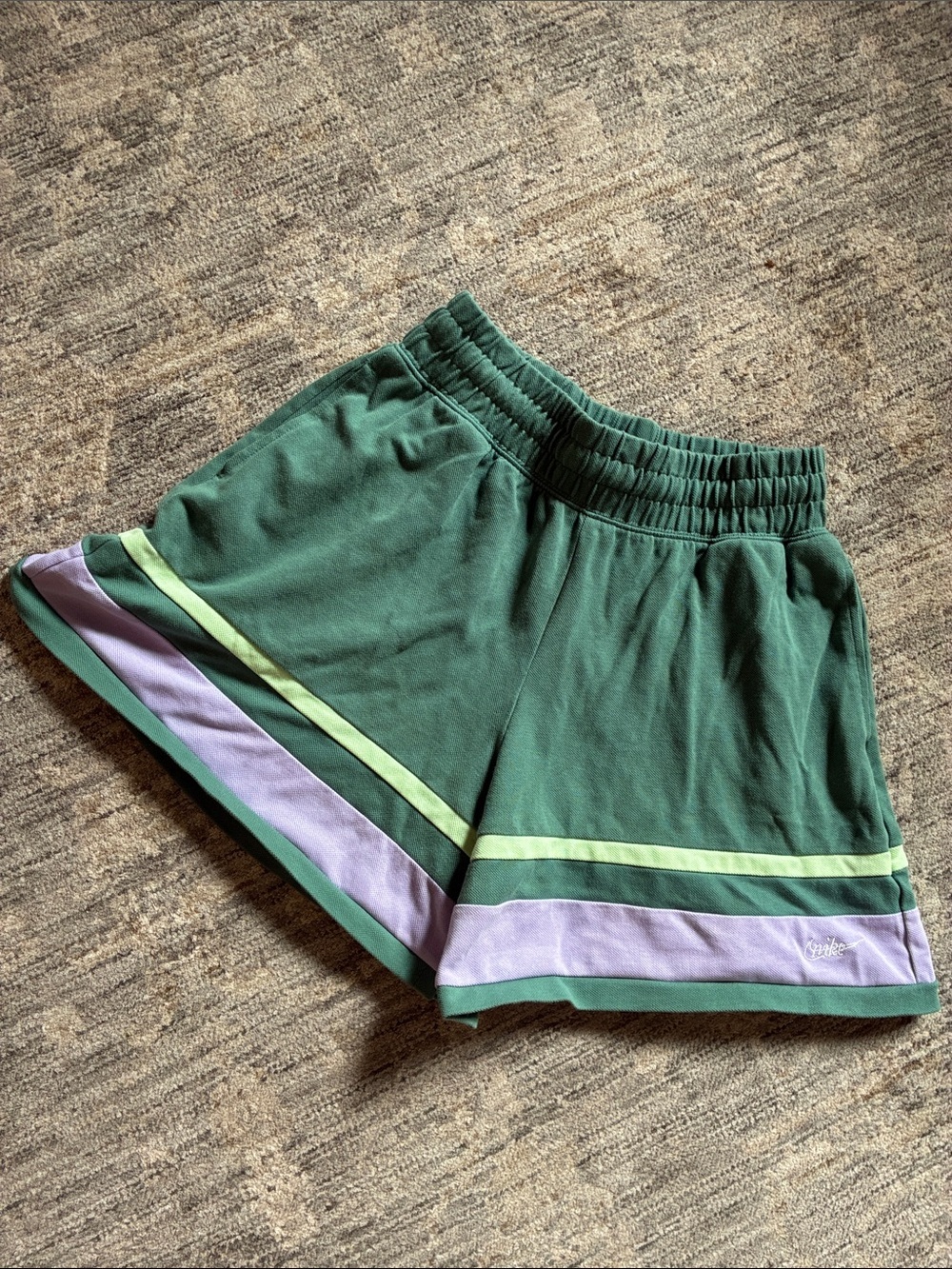 Nike Green Women's Athletic Shorts with Lilac and Lime Stripes - large